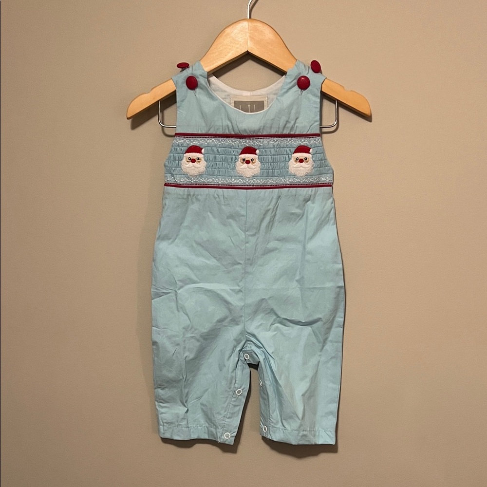 Lil Cactus Santa Smocked Blue Infant Romper Overalls Santa Embroidery 3-6 months